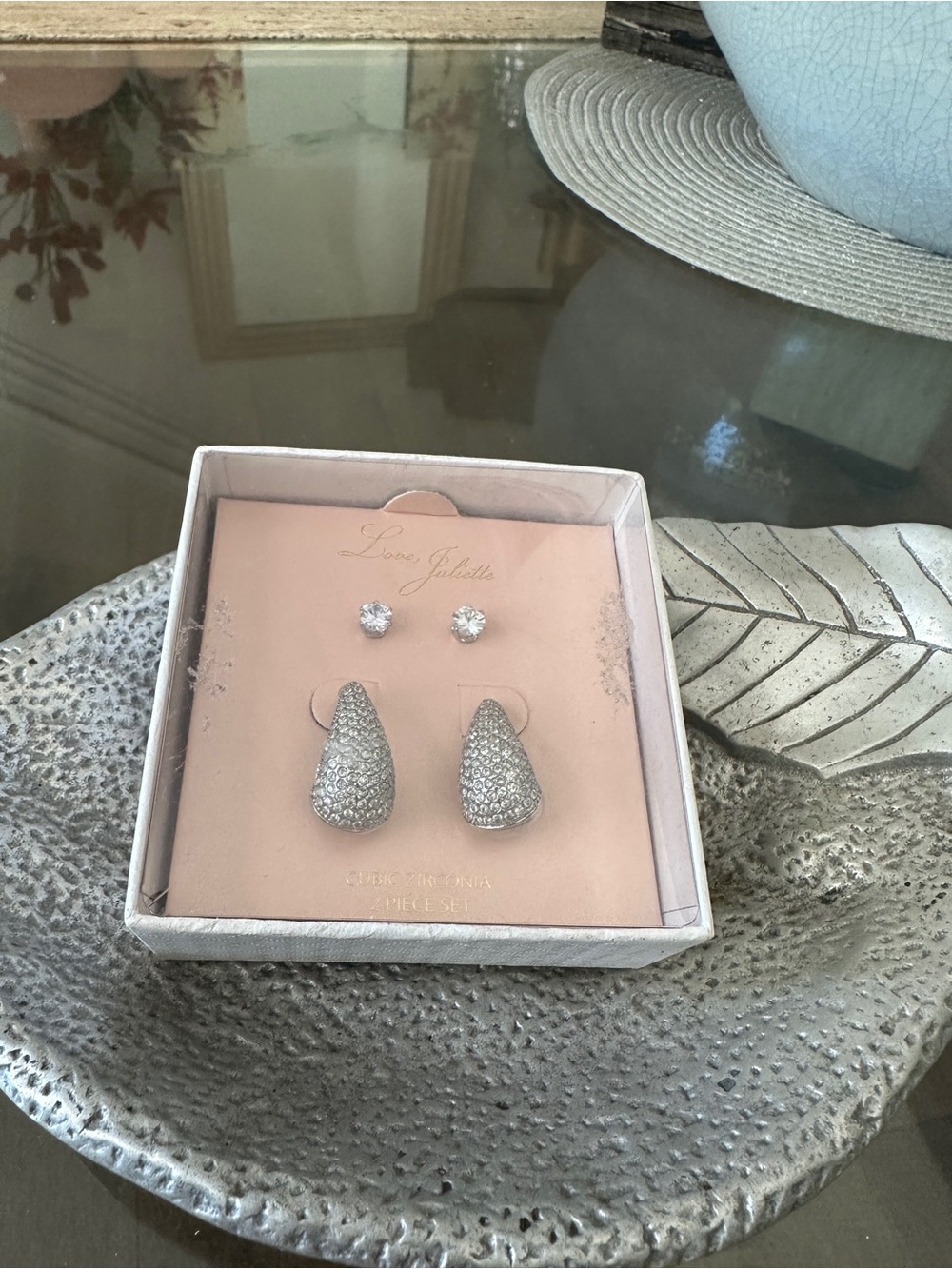 Silver Crystal Teardrop and Stud Earring Set
